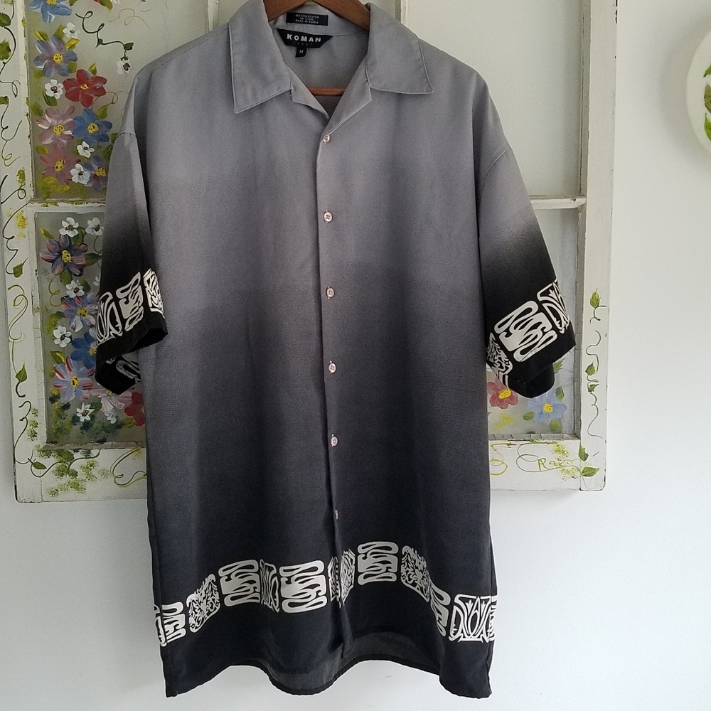 Koman Sport Short Sleeve Hawaiian Monochromatic Gray Shirt Size L